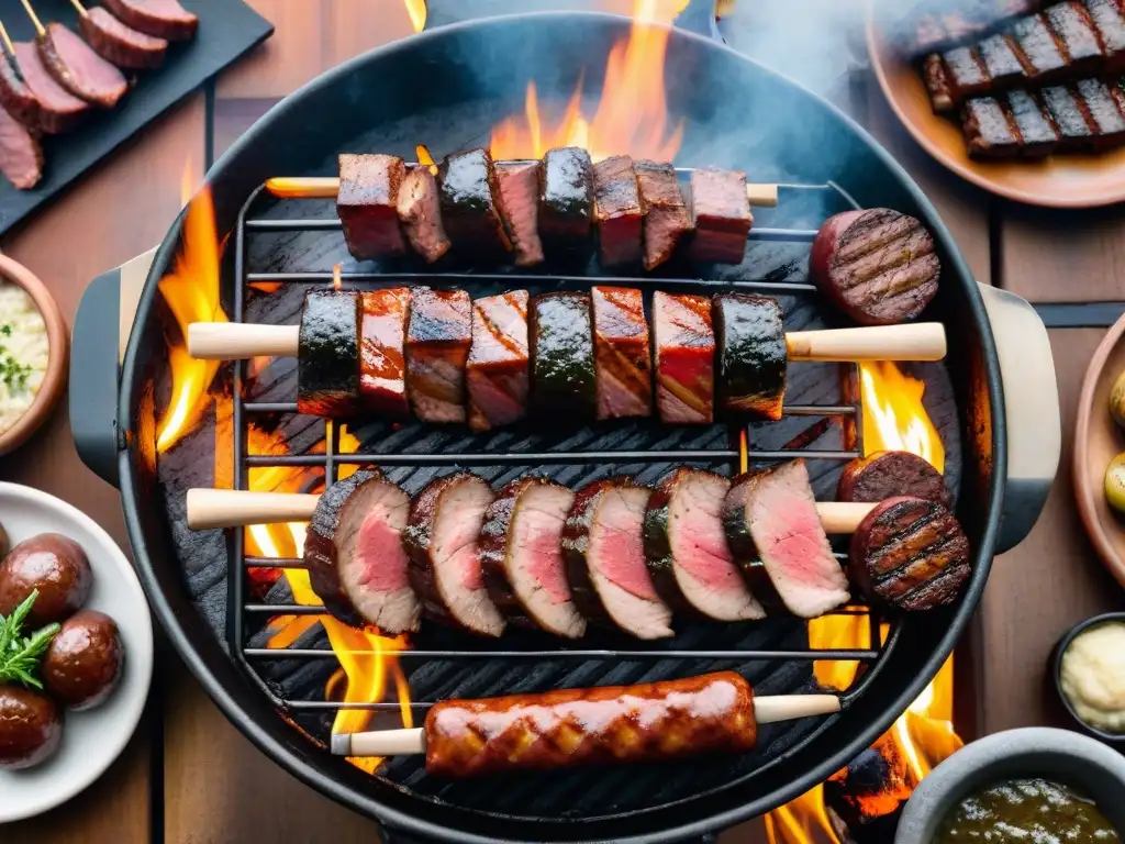 Una parrilla uruguaya tradicional llena de cortes de carne, humeante y deliciosa