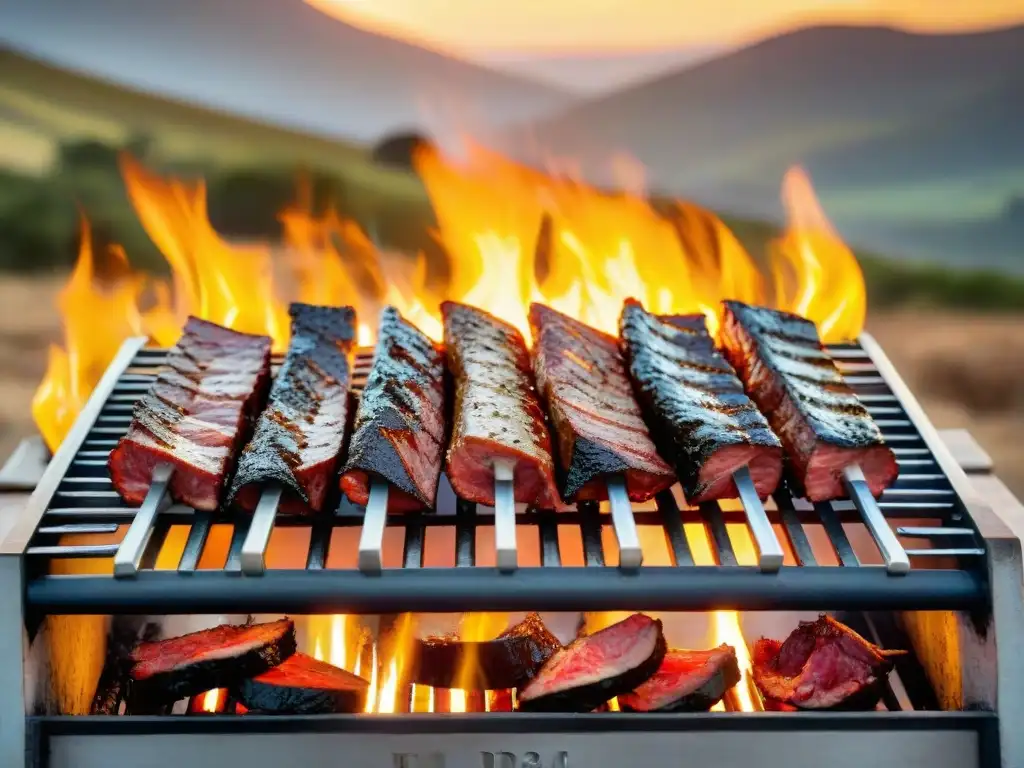 Una parrilla uruguaya tradicional llena de cortes de carne sizzling con llamas y el atardecer dorado en el campo