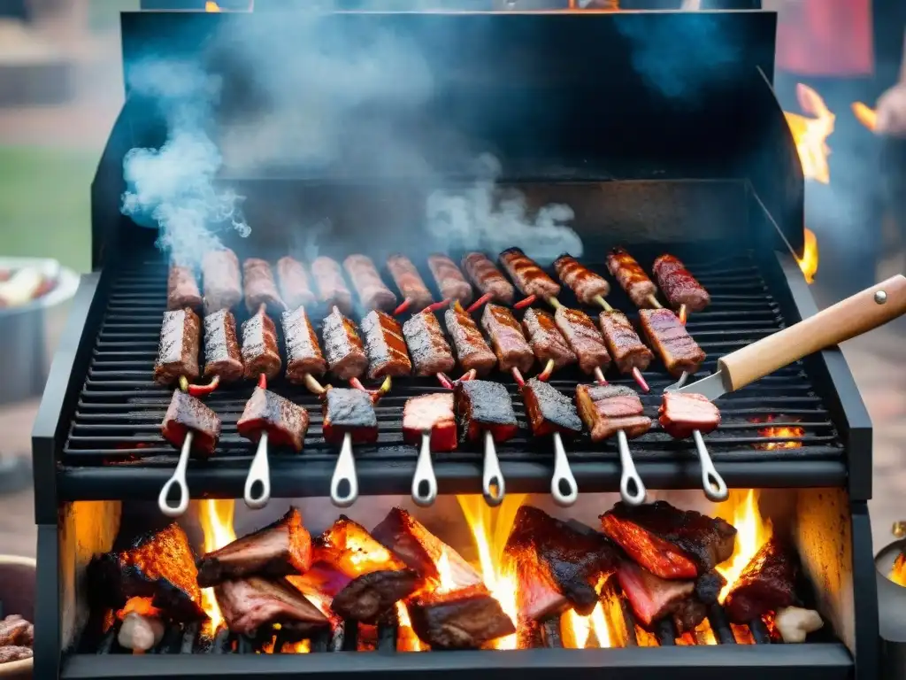 Una parrilla uruguaya tradicional llena de cortes de cerdo, chorizos y pollo, rodeada de brasas y humo, mostrando las variaciones del asado uruguayo