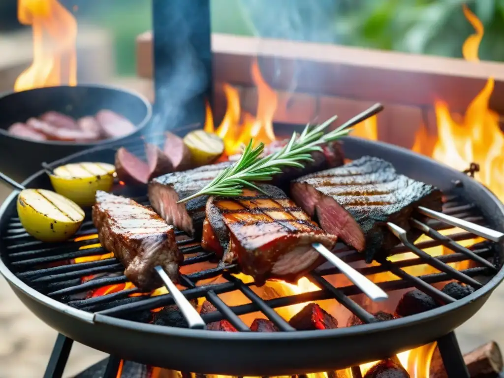 Una parrilla uruguaya tradicional llena de cortes de carne sizzling rodeada de un escenario pintoresco al aire libre