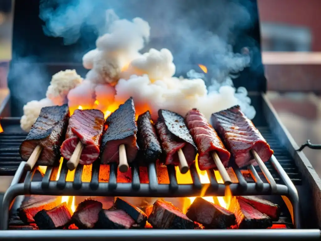 Una parrilla uruguaya tradicional llena de cortes de carne asándose, gauchos atendiendo el fuego con destreza