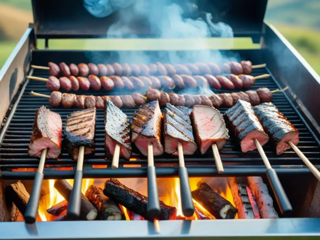 Una parrilla uruguaya tradicional llena de sabrosa carne, rodeada de brasas brillantes y humo, en un escenario campestre