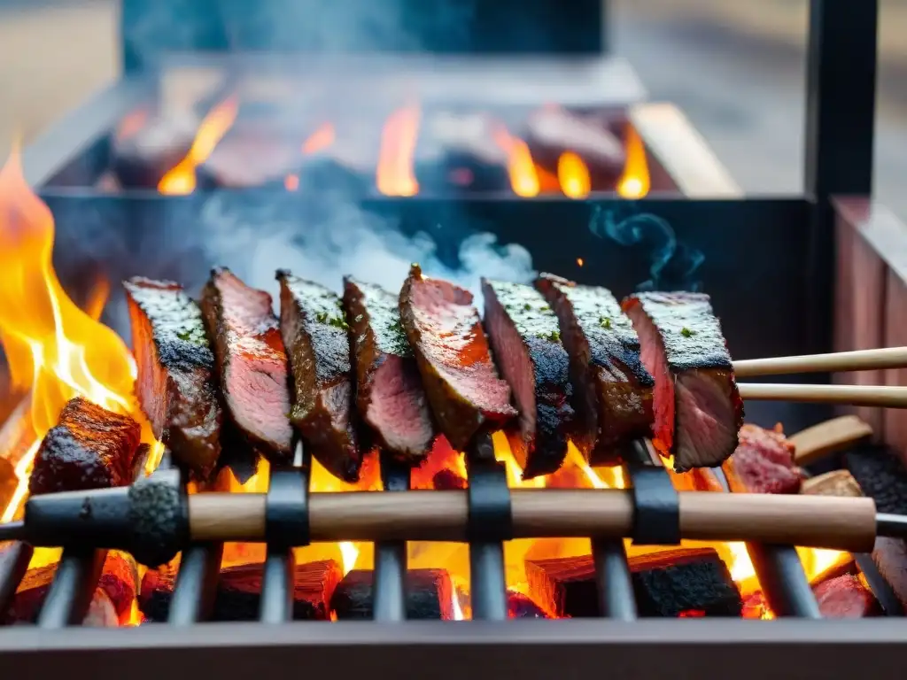 Una parrilla uruguaya tradicional llena de cortes de carne sizzling, rodeada de brasas y humo, capturando la esencia de un clásico asado en Uruguay