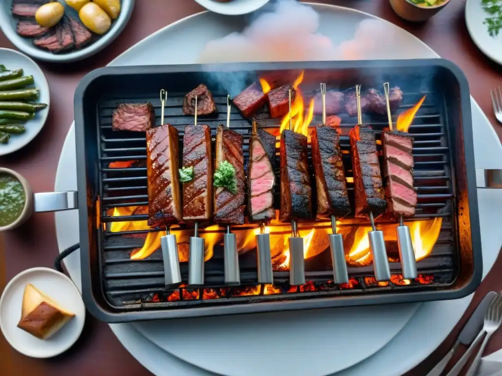 Una parrilla uruguaya tradicional llena de suculentas carnes, rodeada de amigos y familia