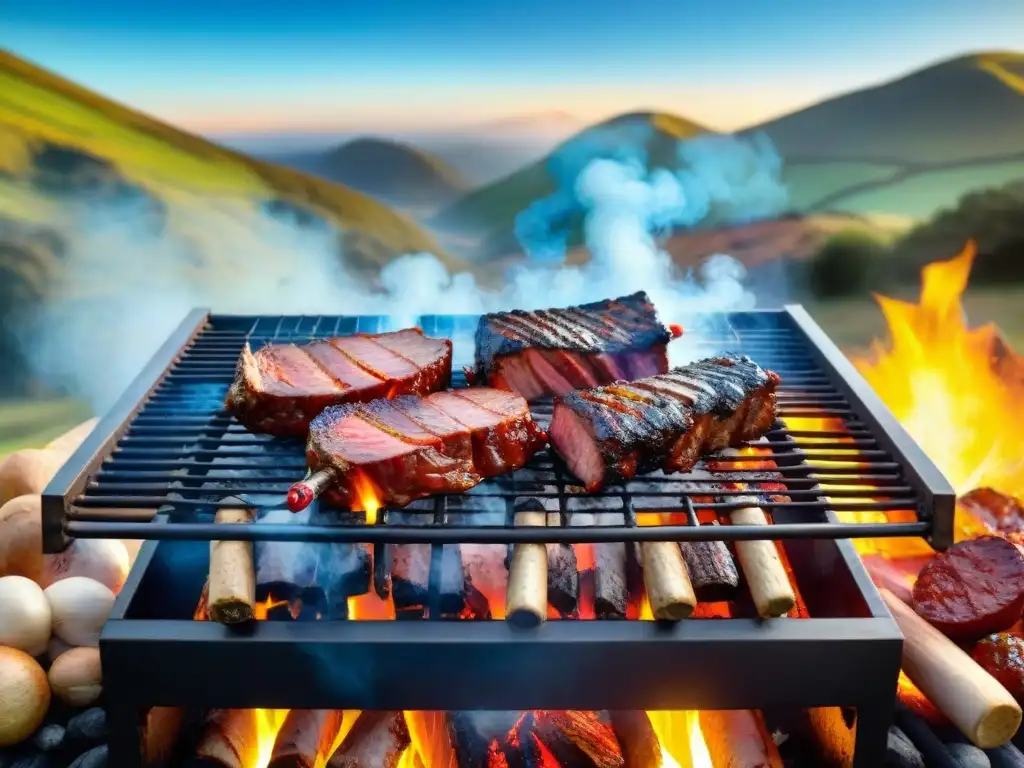 Una parrilla uruguaya tradicional con los mejores cortes asado uruguayo, rodeada de brasas y humo, bajo un cielo azul