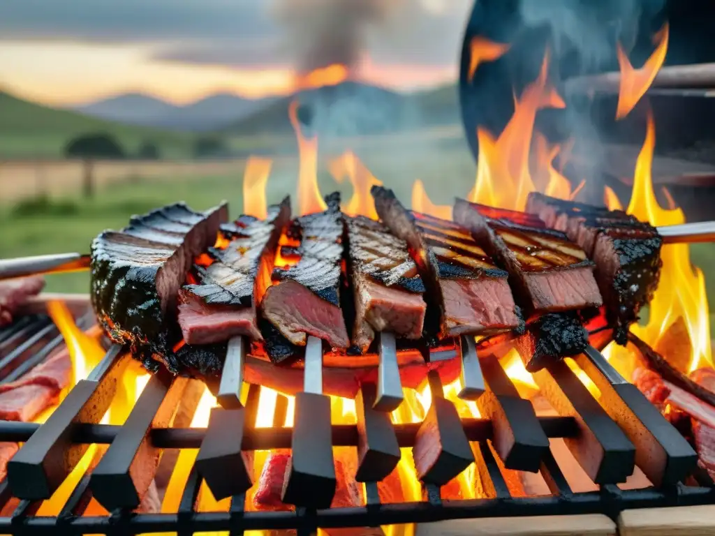 Una parrilla uruguaya tradicional con los mejores asados uruguayos maridaje, rodeada de amigos y familia en el campo