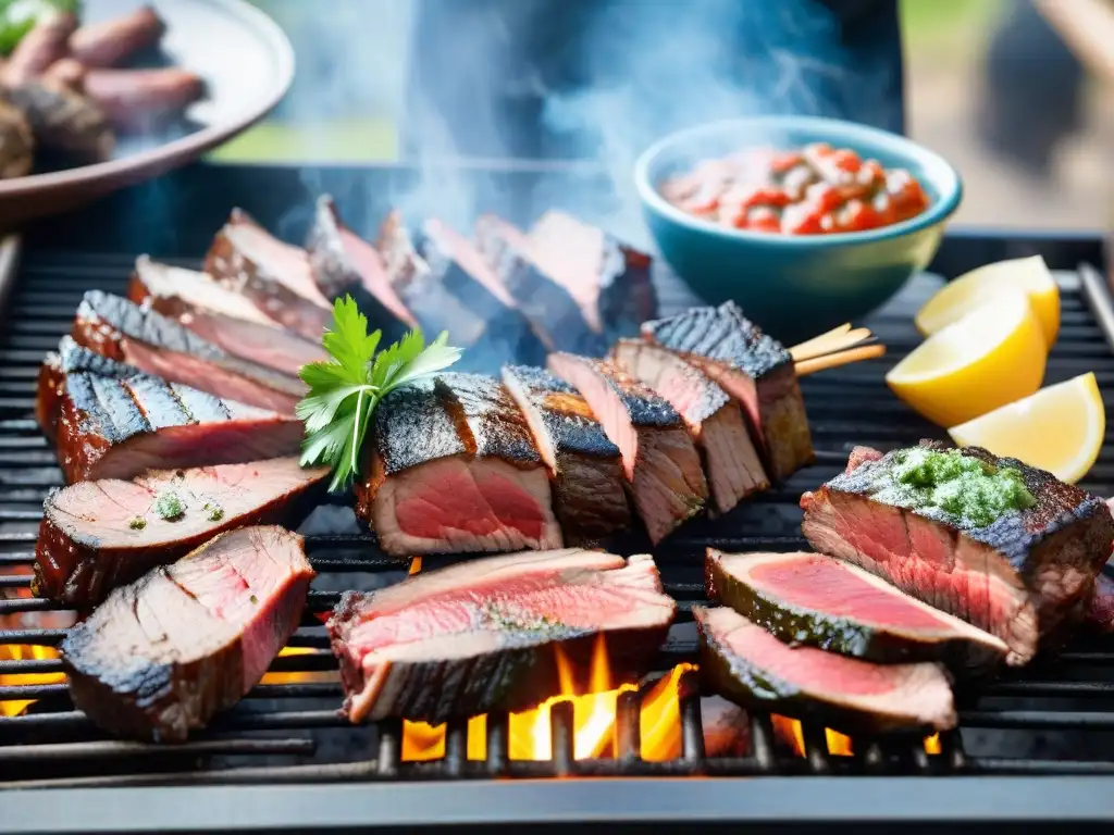 Una parrilla uruguaya tradicional con los mejores asados estilo Uruguayo, rodeada de amigos y familiares disfrutando de una comida al aire libre