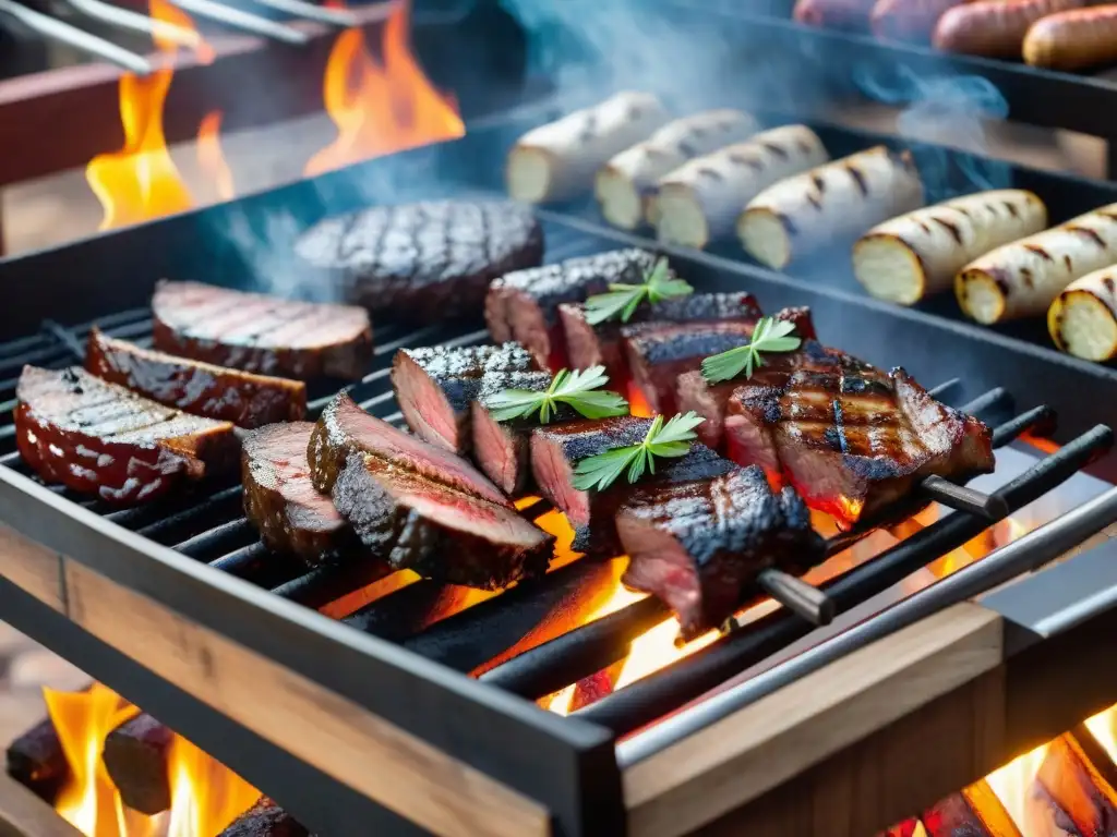 Una parrilla uruguaya tradicional con los mejores cortes de carne asándose, acompañados de chimichurri y vino Tannat