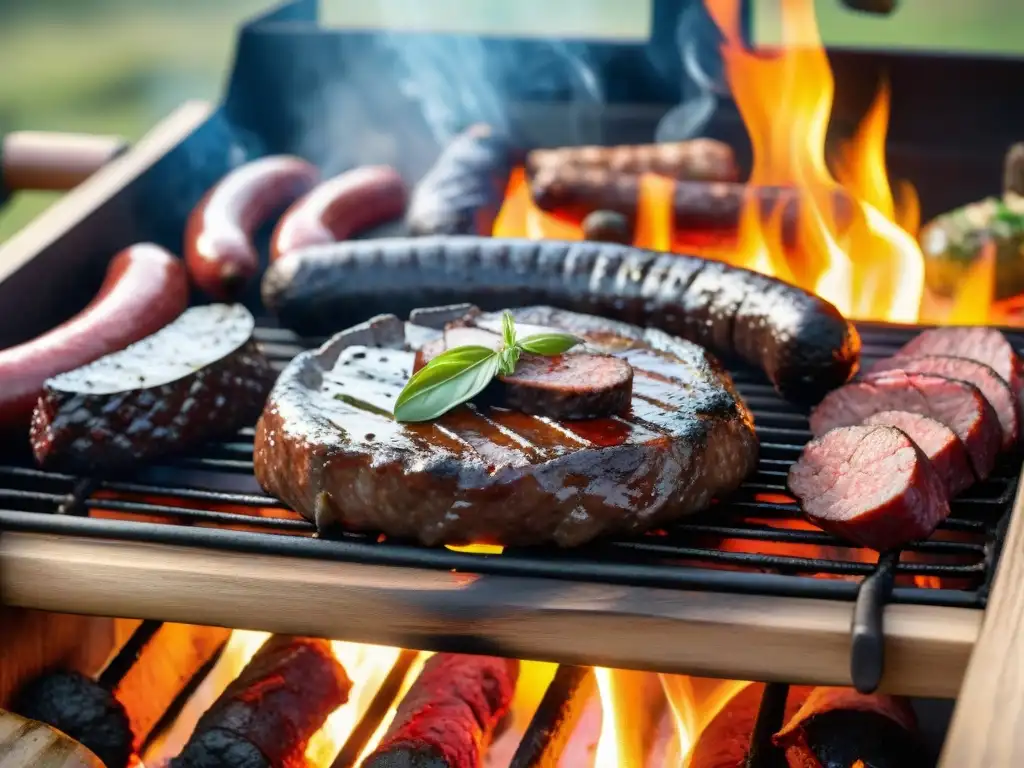 Una parrilla uruguaya tradicional con los mejores cortes de carne, chorizos y morcilla cocinando al aire libre en Uruguay