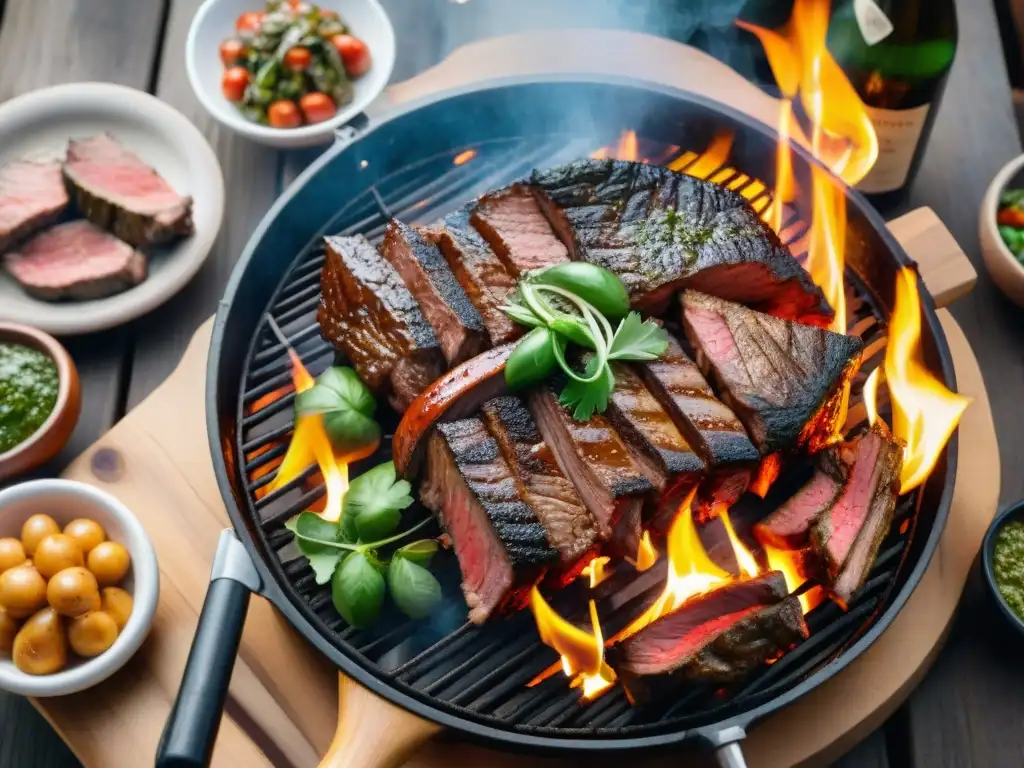 Una parrilla uruguaya tradicional con los mejores cortes de carne asándose al fuego, en un ambiente de camaradería y delicia gastronómica