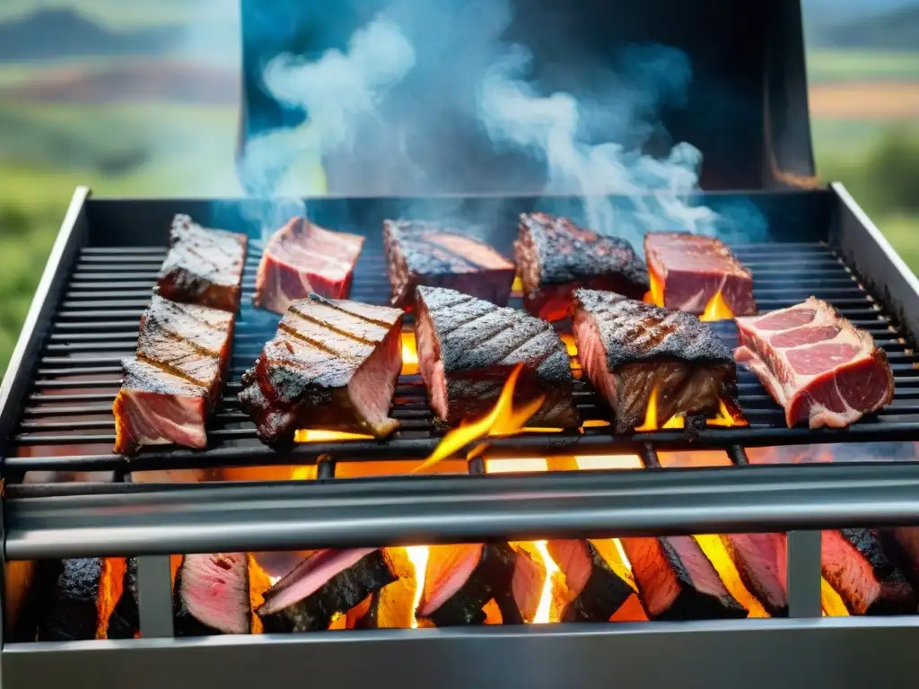 Una parrilla uruguaya tradicional con los mejores cortes de asado, chorizo y morcilla, en un paisaje campestre bajo el cielo azul