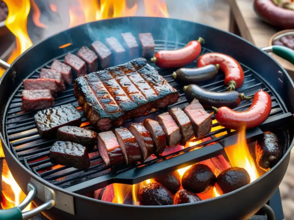 Una parrilla uruguaya tradicional con los mejores cortes de asado, chorizos y morcillas cocinando sobre brasas