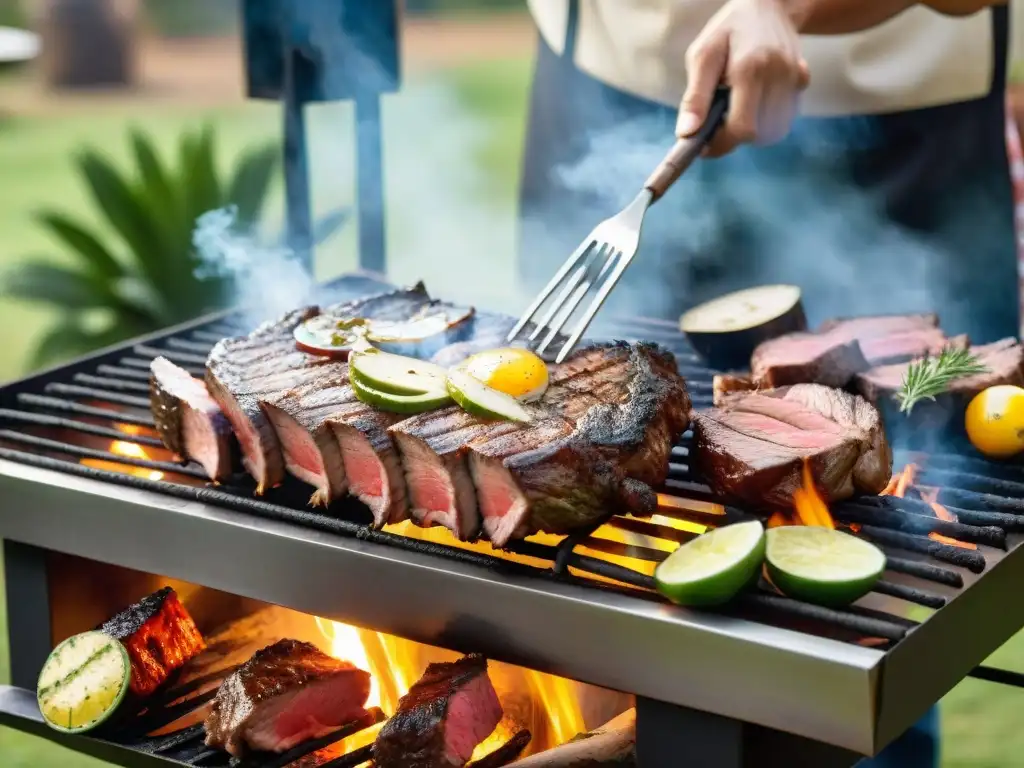 Una parrilla uruguaya tradicional con los mejores cortes de carne premium asándose, rodeada de un entorno rústico y exuberante