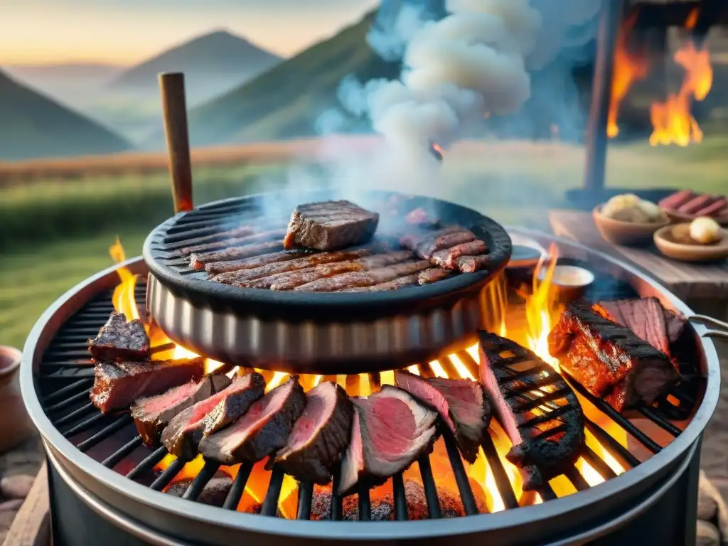 Una parrilla uruguaya tradicional en un paisaje campestre con gauchos, reflejando la historia del asado uruguayo