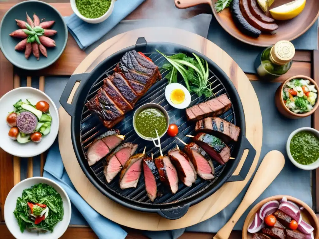 Una parrilla uruguaya tradicional rebosante de carnes jugosas rodeada de chimichurri, ensaladas frescas y vino Tannat