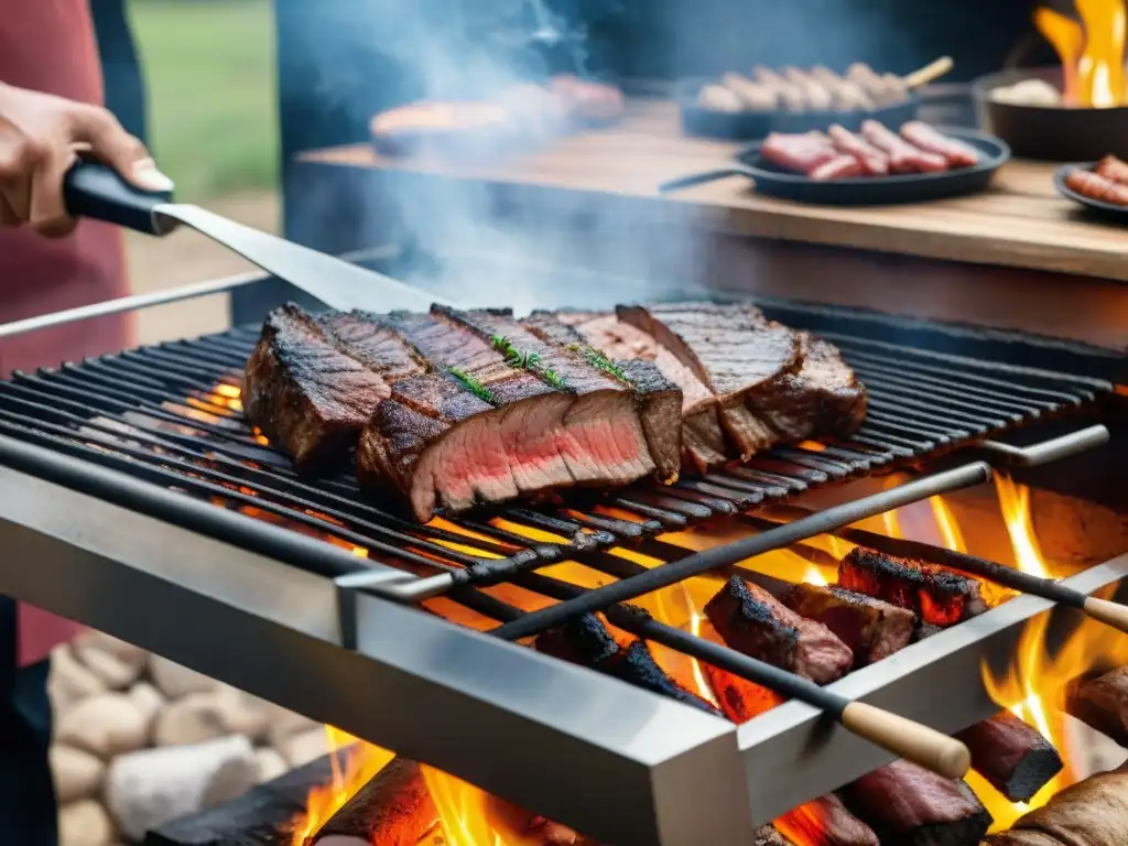 Una parrilla uruguaya tradicional rebosante de cortes premium de carne, cocinándose sobre brasas con un asador experto y amigos disfrutando