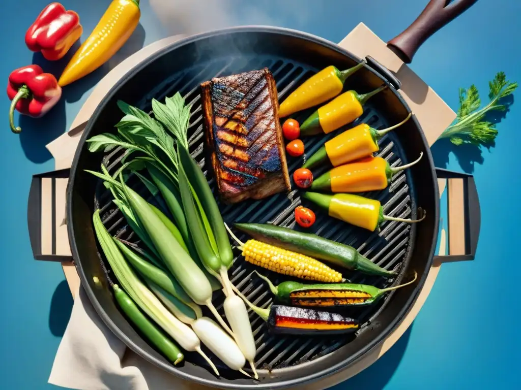 Una parrilla uruguaya tradicional repleta de verduras coloridas y brillantes, con un asador bajo un cielo azul