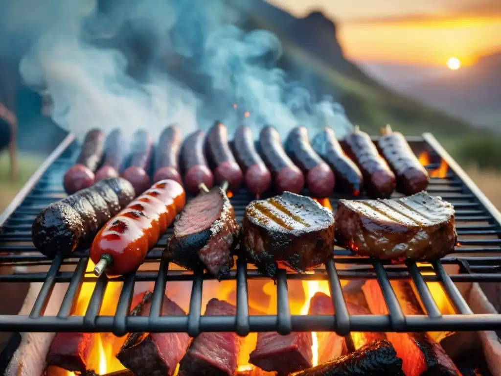 Una parrilla uruguaya tradicional repleta de carnes cocinando sobre brasas, con gauchos y un atardecer dorado