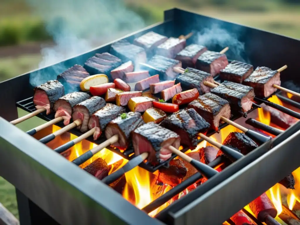 Una parrilla uruguaya tradicional rodeada de un paisaje campestre, con exquisitas carnes asadas