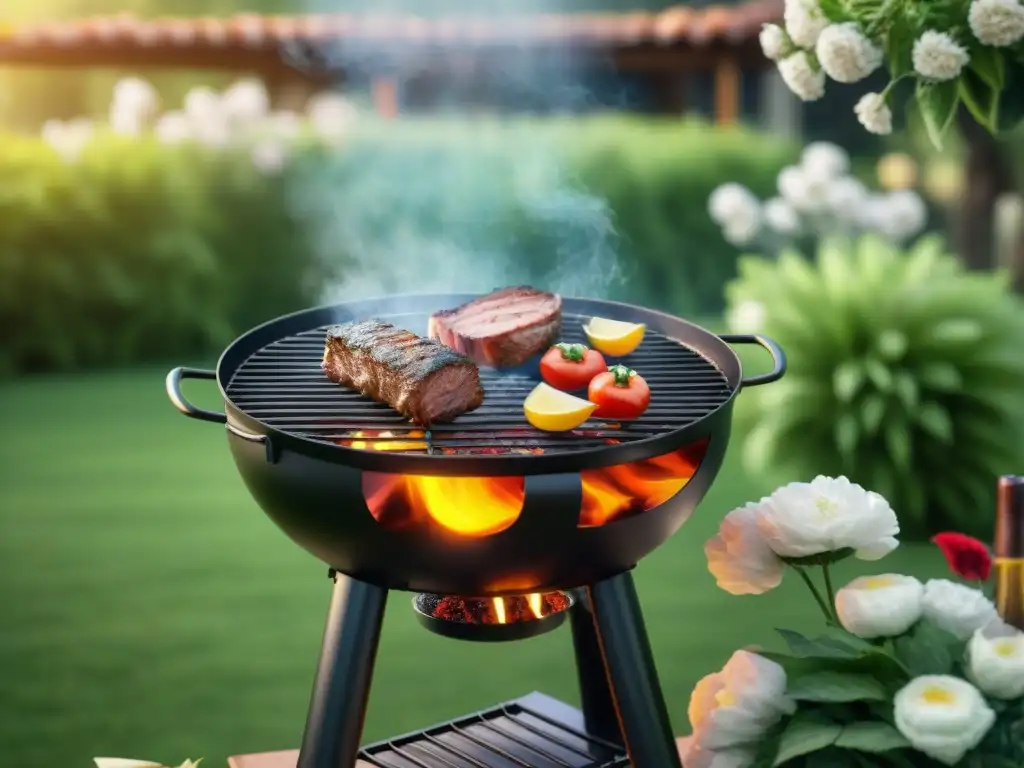 Una parrilla uruguaya tradicional rodeada de amigos y familia en un jardín exuberante