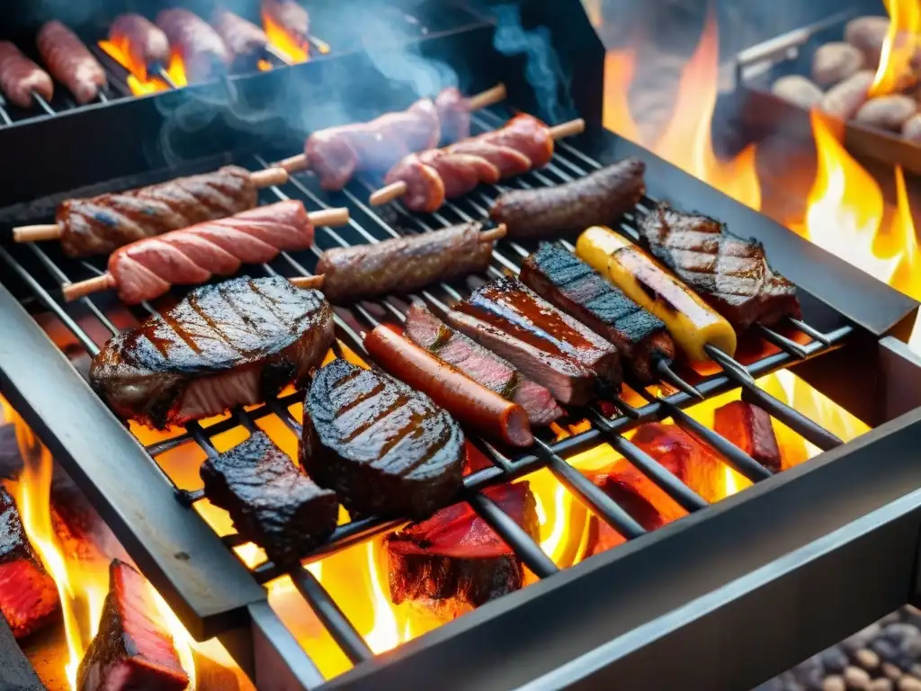 Una parrilla uruguaya tradicional rodeada de llamas y humo, con cortes de carne jugosos y perfectamente cocidos