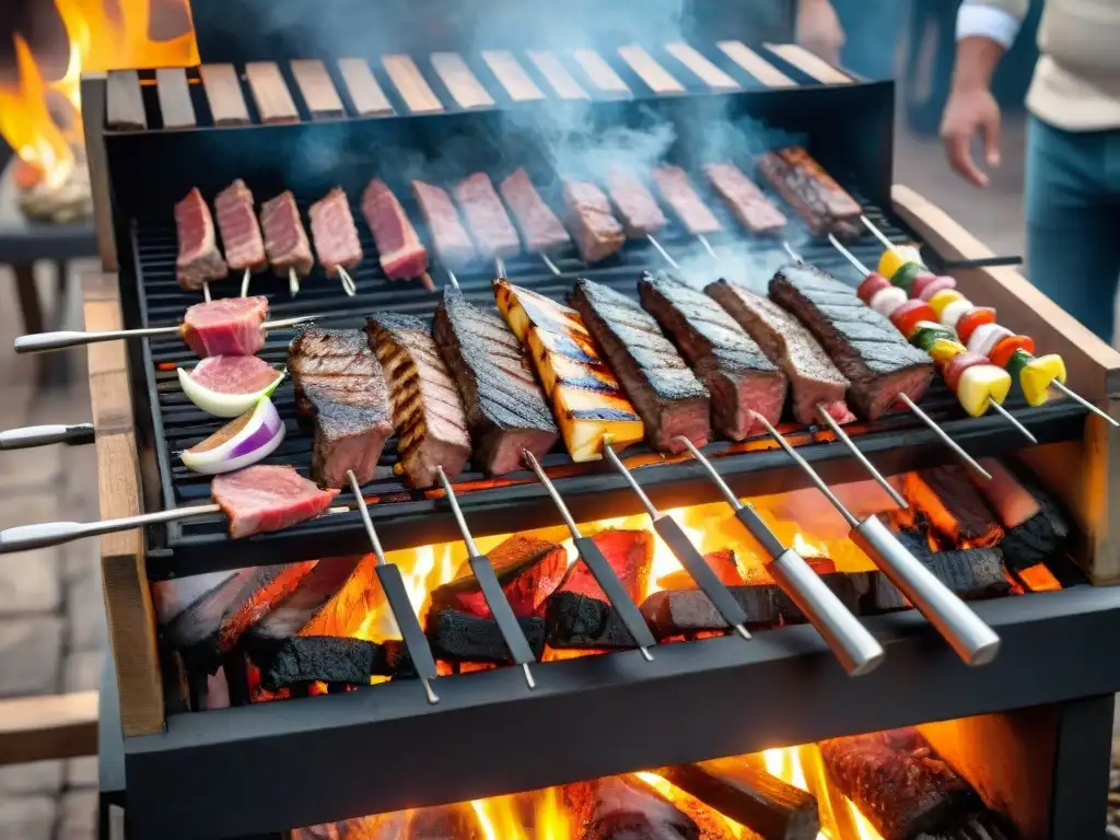 Una parrilla uruguaya tradicional rodeada de amigos y familia lista para disfrutar los Secretos del asado uruguayo