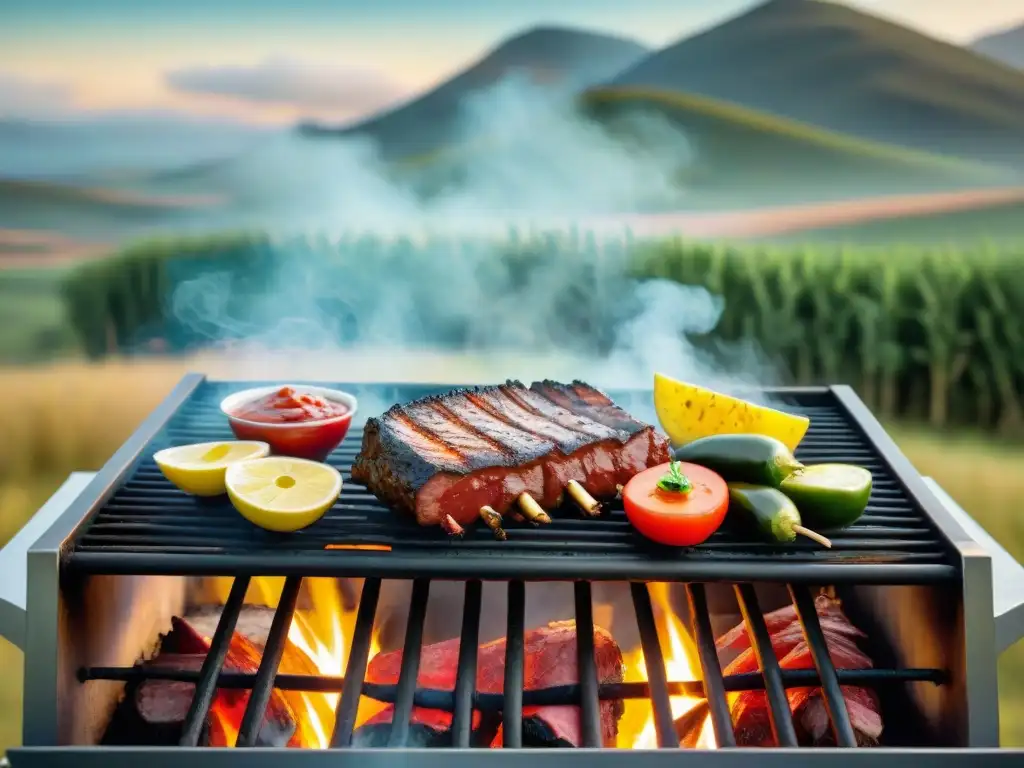 Una parrilla uruguaya tradicional rodeada de salsas uruguayas para asado mundial, en un escenario campestre pintoresco con gauchos