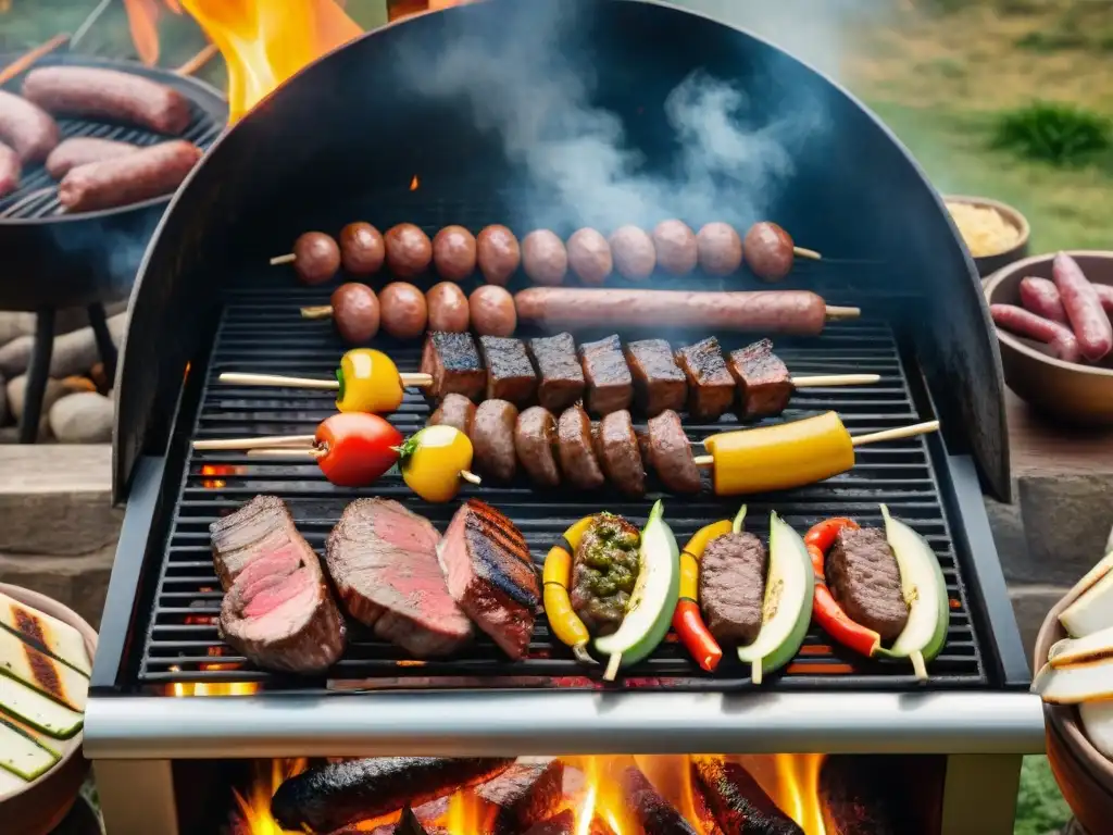 Una parrilla uruguaya tradicional rodeada de cortes premium, chorizos y verduras listos para cocinar al aire libre