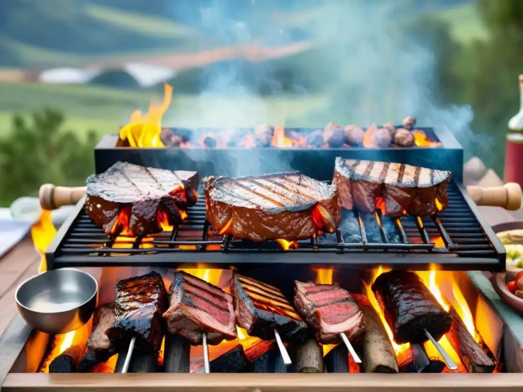 Deliciosa parrilla uruguaya en el campo Una parrilla uruguaya tradicional rodeada de cortes de carne, con un gaucho atendiendo el asado en un entorno campestre