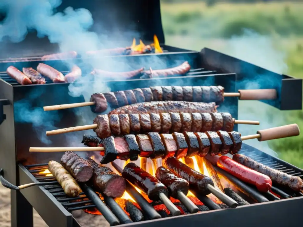 Una parrilla uruguaya tradicional rodeada de humeantes cortes de carne, en un ambiente de camaradería y tradición