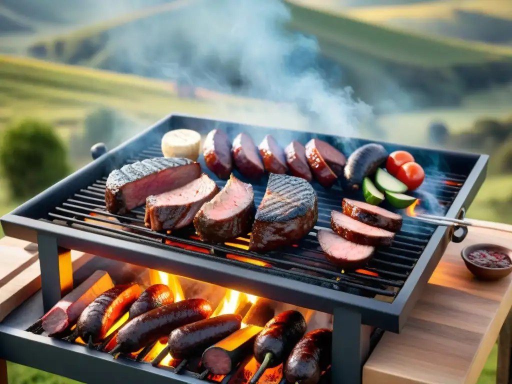 Asado uruguayo: parrilla tradicional en paisaje campestre Una parrilla uruguaya tradicional sizzling con cortes suculentos de carne, en un paisaje campestre