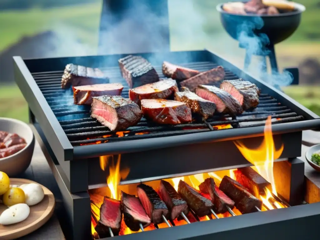 Una parrilla uruguaya tradicional sizzling con cortes de carne suculenta en el verde campo, mientras se celebra el festival culinario