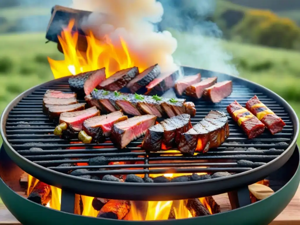 Una parrilla uruguaya tradicional con técnicas de asado uruguayo tradicionales en el atardecer dorado