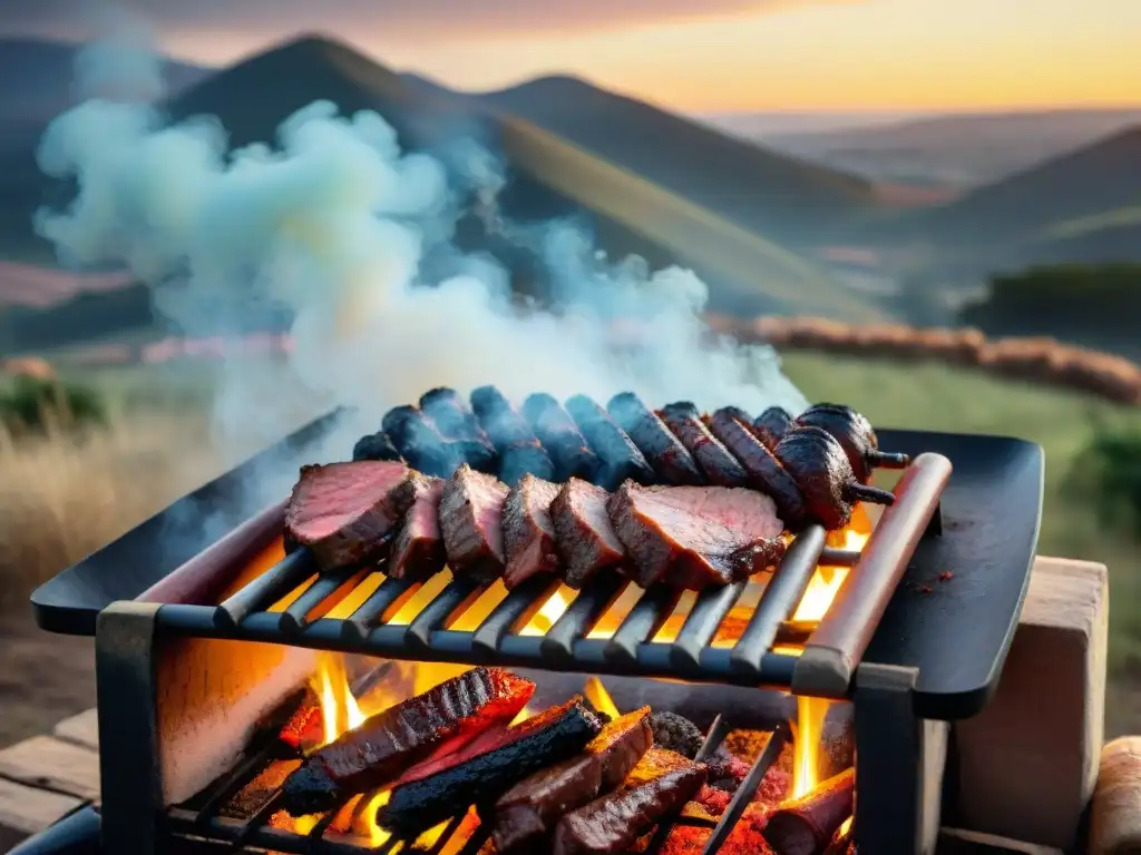 Una parrilla uruguaya tradicional con técnicas avanzadas asado uruguayo, carne jugosa y paisaje campestre al atardecer