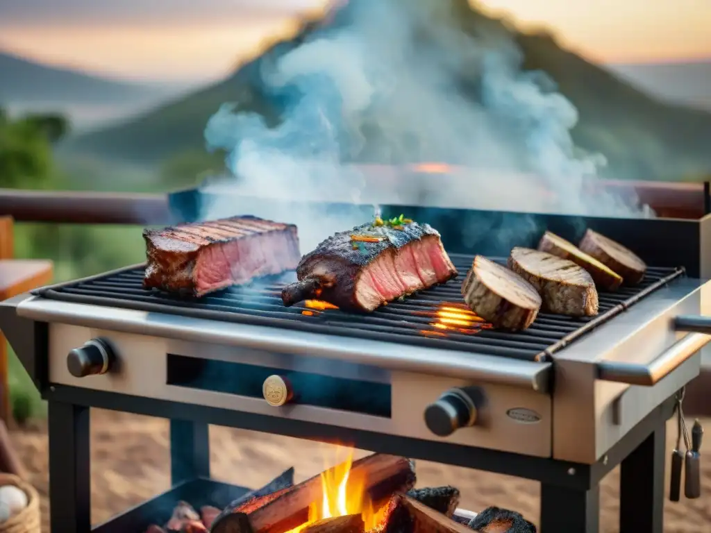 Una parrilla uruguaya tradicional con diferentes tipos de parrillas: leña, gas y carbón