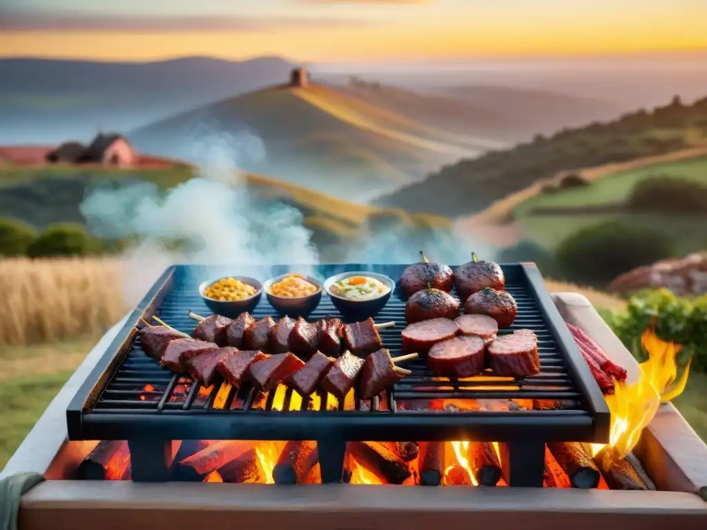 Una parrilla uruguaya tradicional con variedad de carnes, gauchos y atardecer vibrante, historia asado uruguayo evolución gastronomía