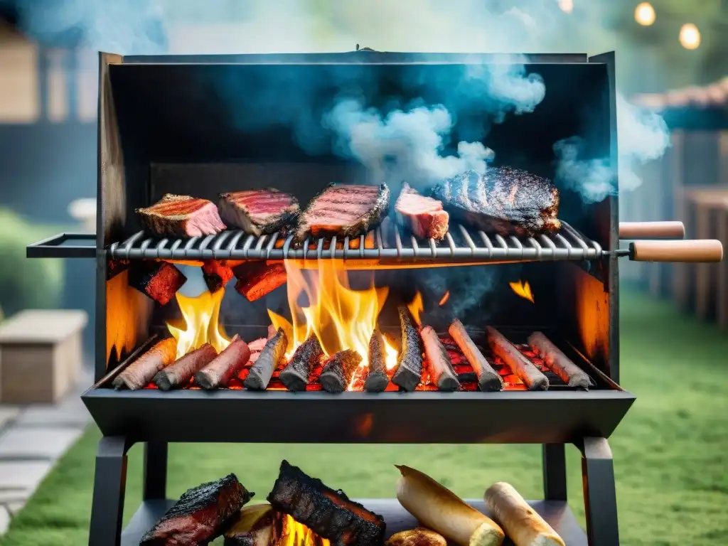 Una parrilla uruguaya tradicional con variedad de carnes asándose sobre brasas, en un entorno campestre