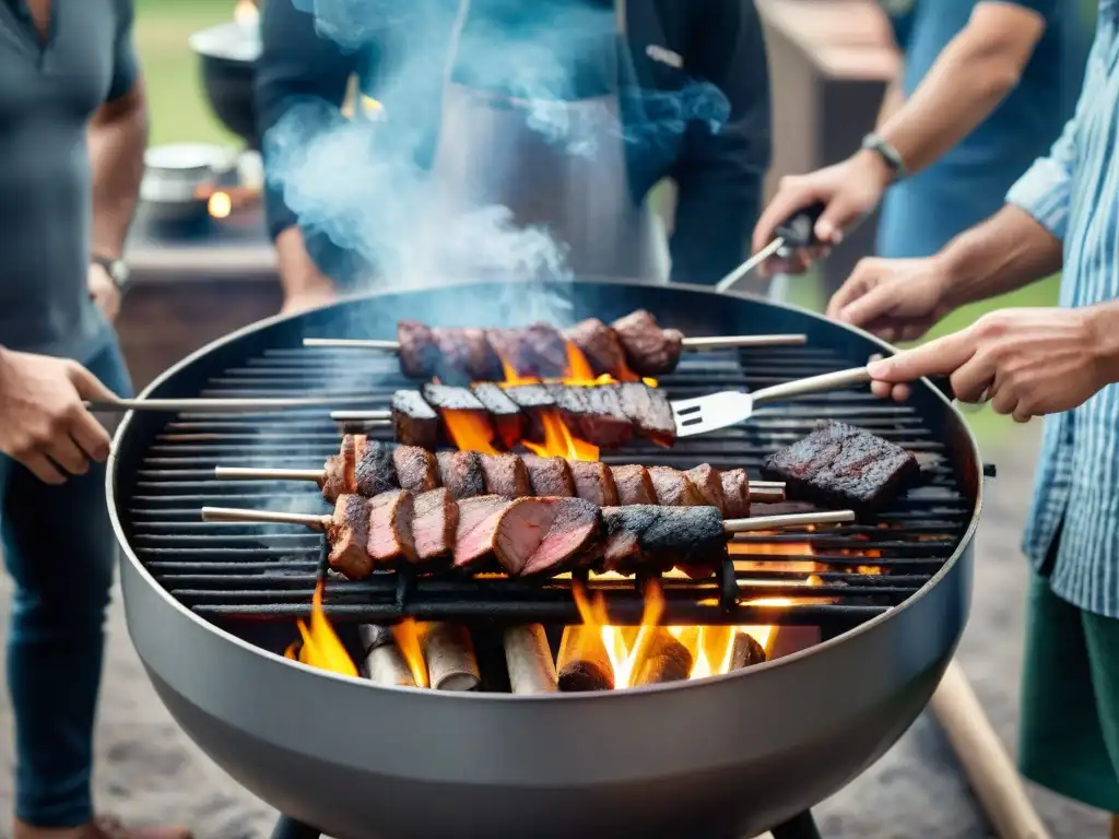 Reunión alrededor de parrilla uruguaya con ventiladores de carbón para asados, fusión de tradición e innovación