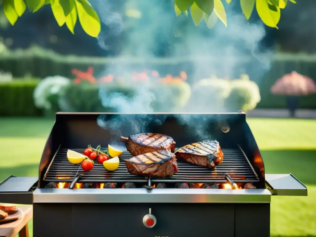 Una parrilla usada con maestría en un jardín exuberante, mientras se cocinan cortes de carne con marcas de grill