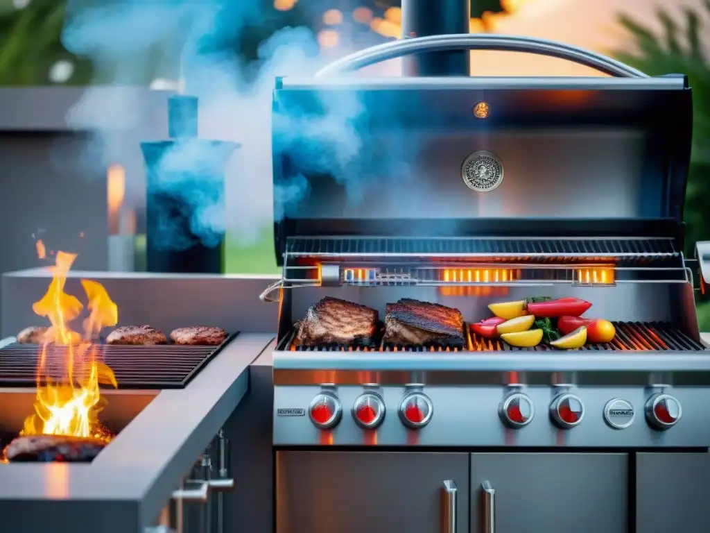 Innovación en la Parrilla Vanguardista: Parrilla de alta tecnología con acero inoxidable, paneles de control y luces LED en ambiente chic