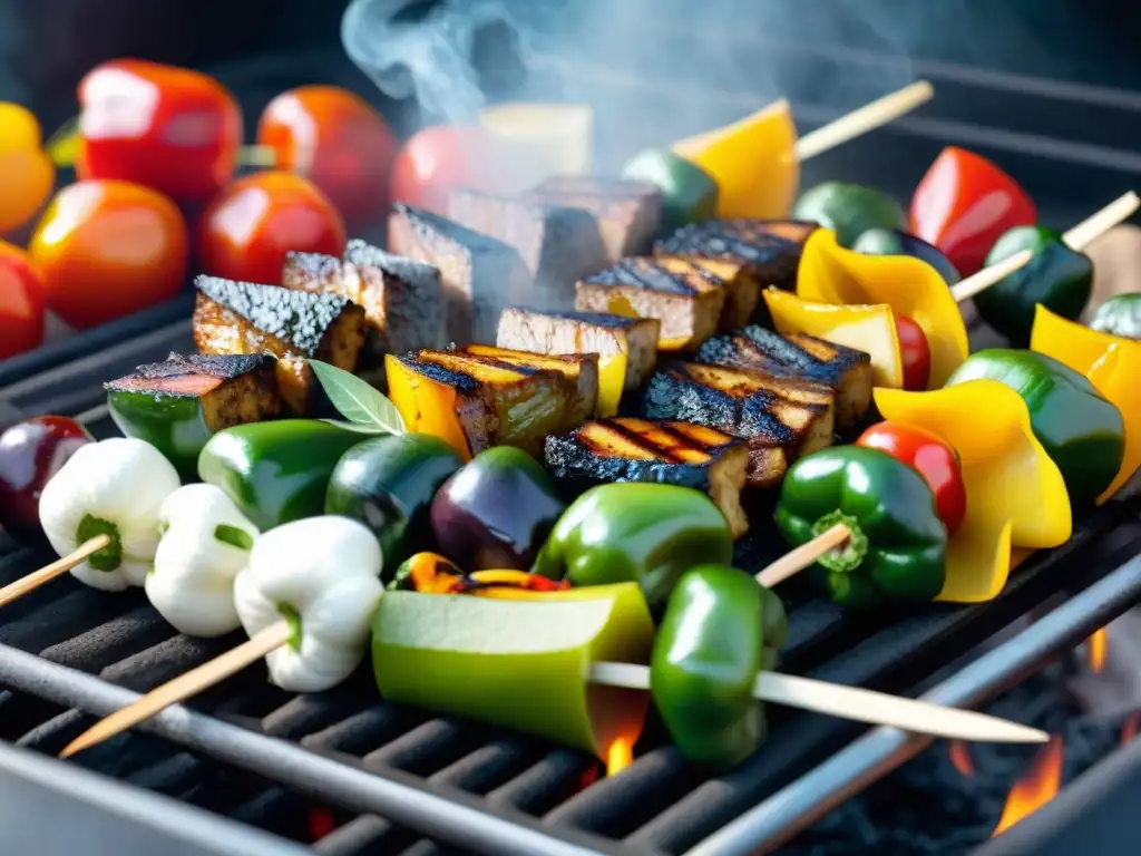 Una parrilla vibrante con brochetas veganas en asado vegano innovador