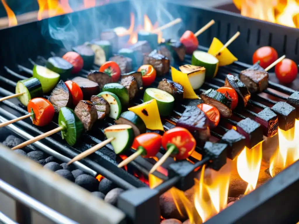 Una parrilla vibrante y colorida con técnicas asado vegano innovador, donde los vegetales se cocinan a la perfección sobre brasas brillantes