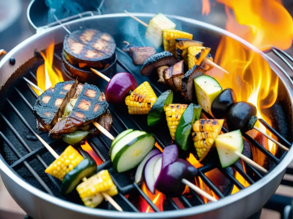 Una parrilla vibrante con opciones vegetarianas para asado uruguayo rodeada de llamas y humo