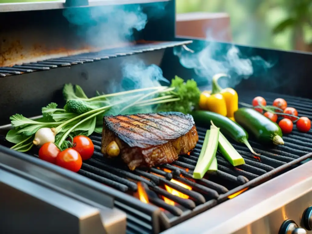 Una parrilla vibrante con vegetales y sustitutos de carne vegana, técnicas asado vegano innovador