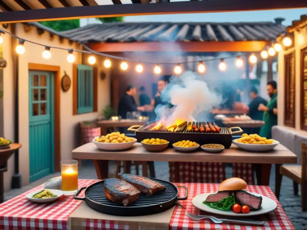 Una parrillada al aire libre en Uruguay con ambiente vibrante y humeante