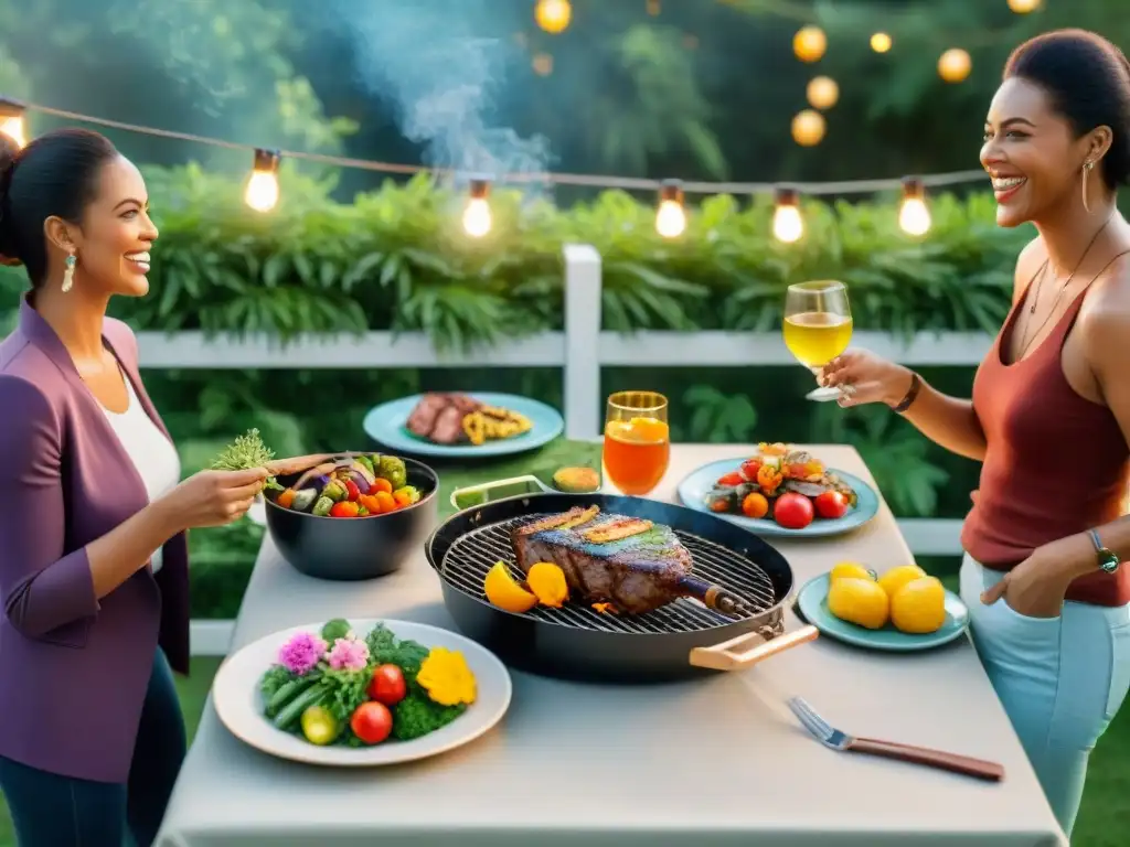 Una parrillada al aire libre con amigos y familia, rodeada de naturaleza y comida deliciosa