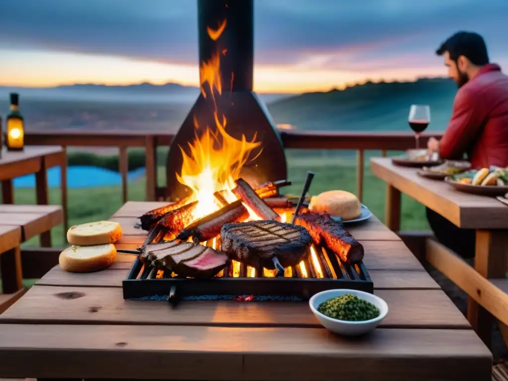 Una parrillada al aire libre en Uruguay bajo las estrellas, con amigos y familia compartiendo risas y buena comida