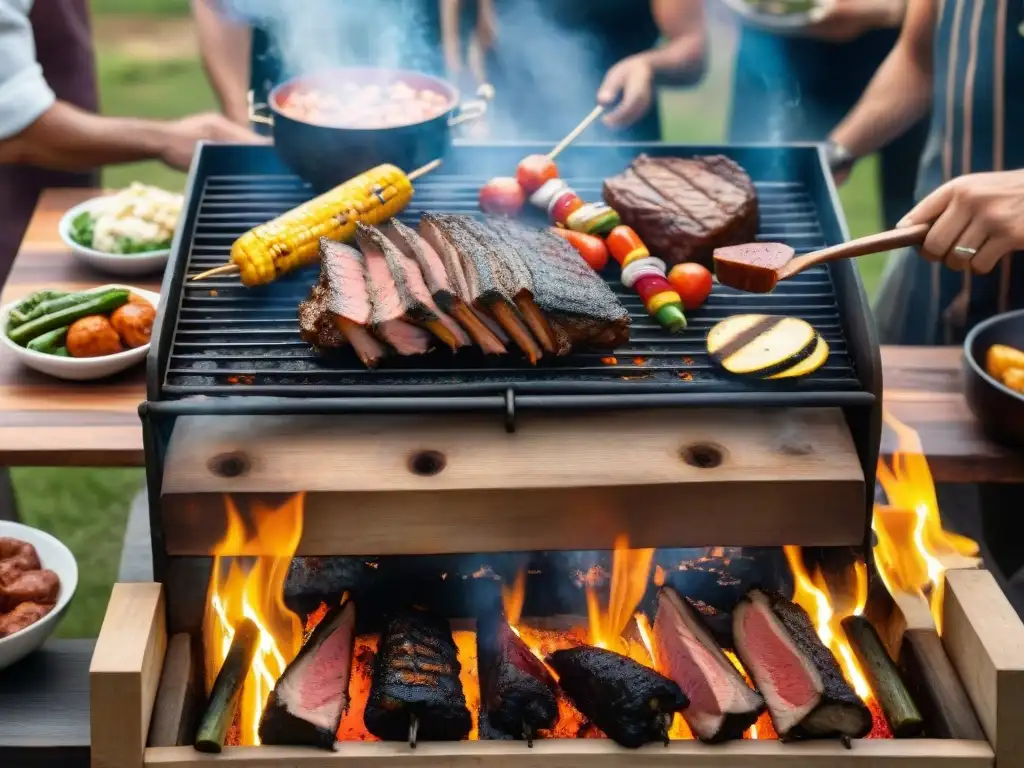 Una parrillada uruguaya con amigos disfrutando, carnes en la parrilla y humo