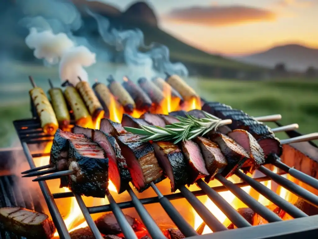 Una parrillada de autor innovadora en Uruguay, con carnes y vegetales en una parrilla humeante al atardecer