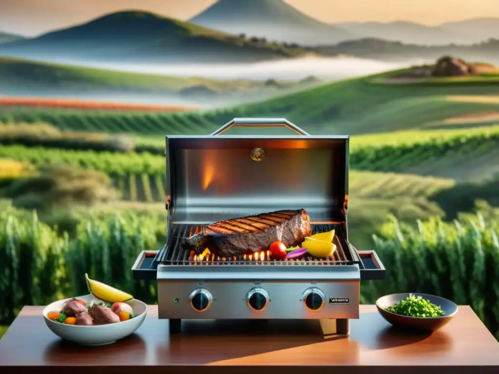 Una parrillada de autor innovadora en Uruguay, con cortes premium y vegetales frescos, frente a un paisaje soleado